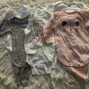 Gerber baby girl onesies, size 0-3, 3- completely white,3 assorted girl designs